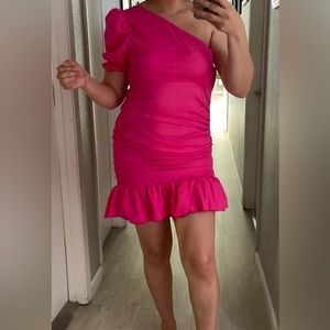 Hot pink one shoulder mini dress